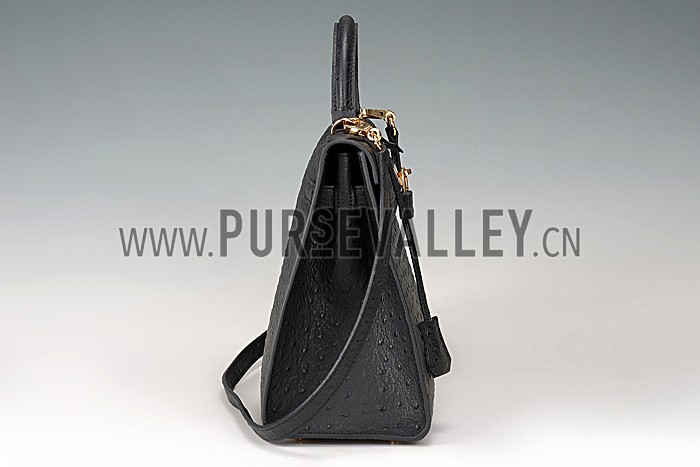 Hermes Kelly 32 Black Ostrich Leather 607478