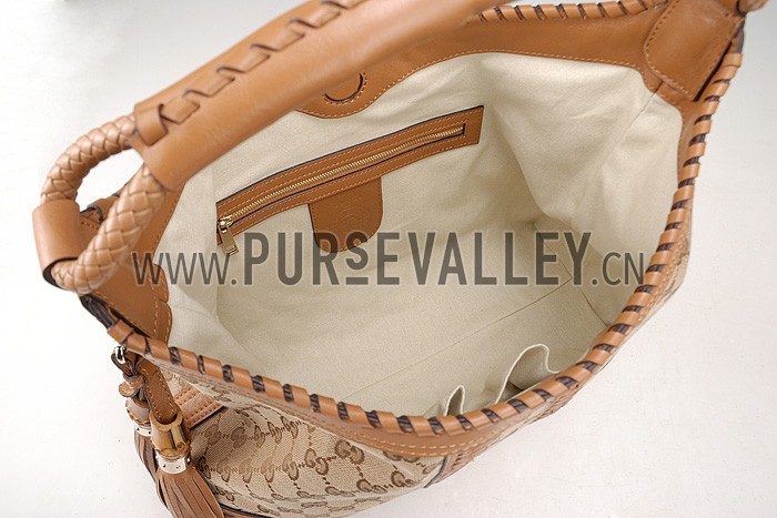 Gucci Medium Woven Tassels Tan Leather Trim Guccissima Hobo 607327