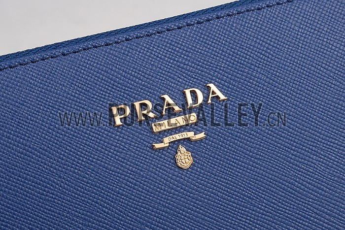Prada Saffiano Leather Zip Around Dark Blue Wallet