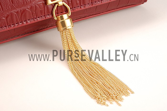 Saint Laurent Medium Tassel Crocodile Leather Clutch Bag Dark Red