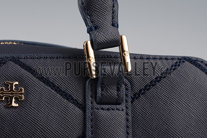 Tory Burch Robinson Stitched Square Tote Dark Blue