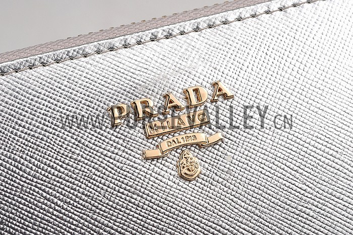 Prada Saffiano Leather Zip Around Silver Wallet