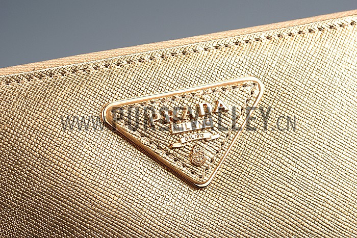 Prada Vernice Saffiano Leather Zip Around Gold Wallet