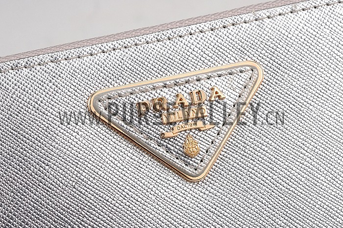 Prada Saffiano Leather Zip Around Small Silver Wallet