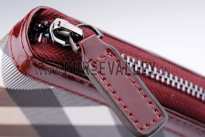 Burberry Nova Check Zip Around Large Wallet Burgundy Trim