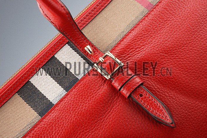 Burberry Small Leather and House Check Tote Bag Red 607824
