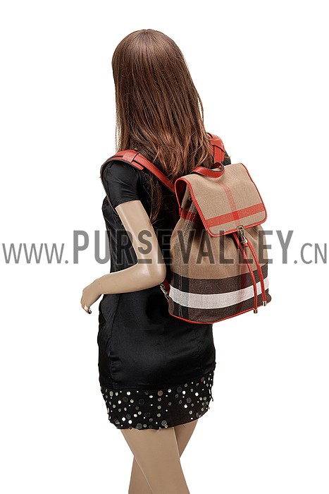 Burberry Canvas Check Backpack Honey Parade Red 608279