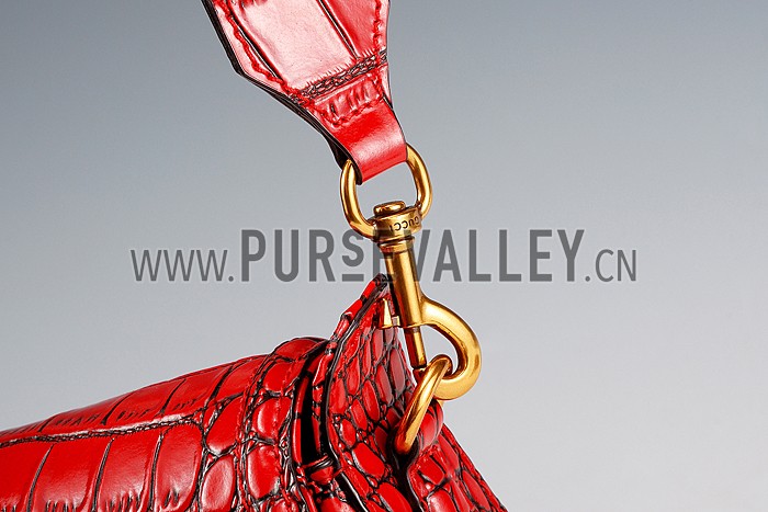 Gucci Lady Web Medium Shoulder Bag Crocodile Leather Red