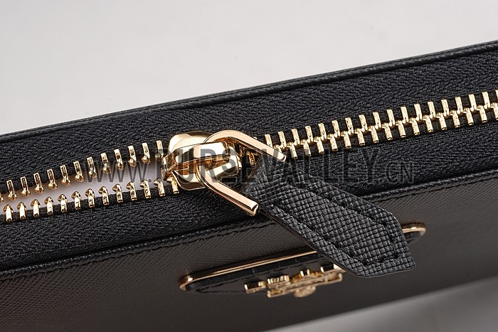 Prada Vernice Saffiano Leather Zip Around Black Wallet