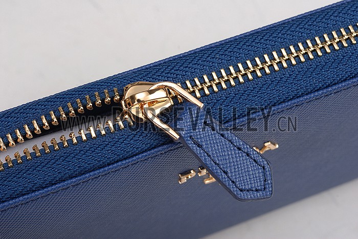 Prada Saffiano Leather Zip Around Dark Blue Wallet
