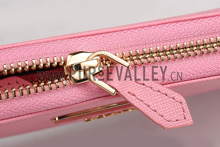 Prada Saffiano Leather Zip Around Small Pink Wallet