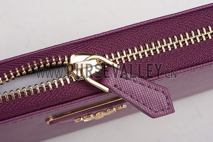Prada Saffiano Leather Zip Around Small Purple Wallet