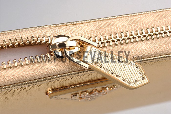 Prada Saffiano Leather Zip Around Small Gold Wallet
