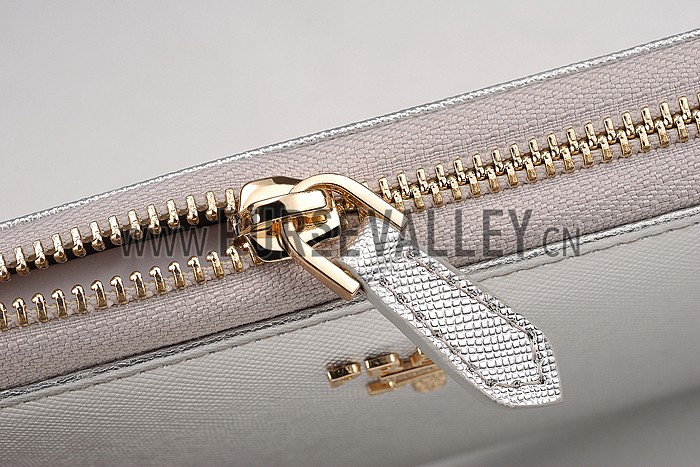 Prada Saffiano Leather Zip Around Silver Wallet