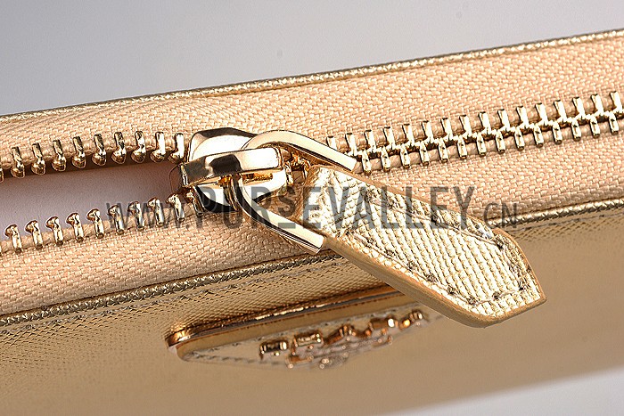 Prada Vernice Saffiano Leather Zip Around Gold Wallet