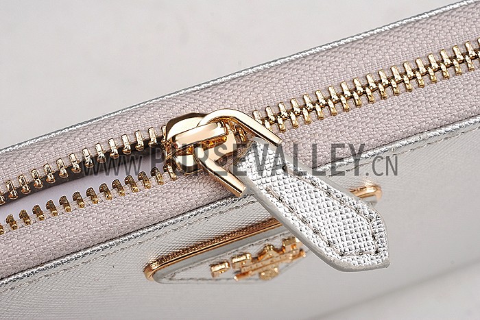 Prada Saffiano Leather Zip Around Small Silver Wallet