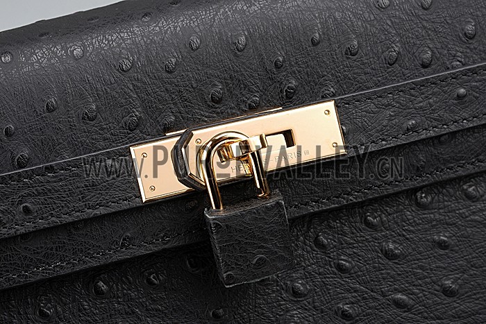 Hermes Kelly 32 Black Ostrich Leather 607478