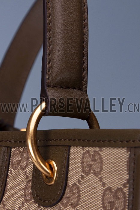 Gucci Large Logo Printed Canvas Brown Leather Trim Shopper Tote