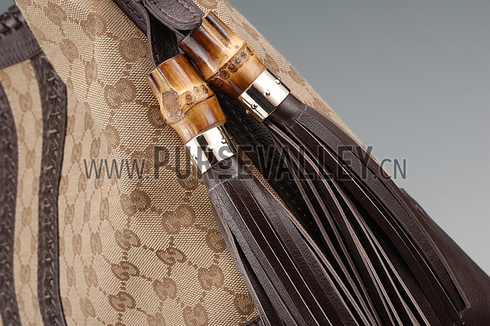Gucci Medium Woven Tassels Brown Leather Trim Guccissima Hobo 607326