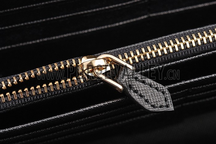 Prada Vernice Saffiano Leather Zip Around Black Wallet