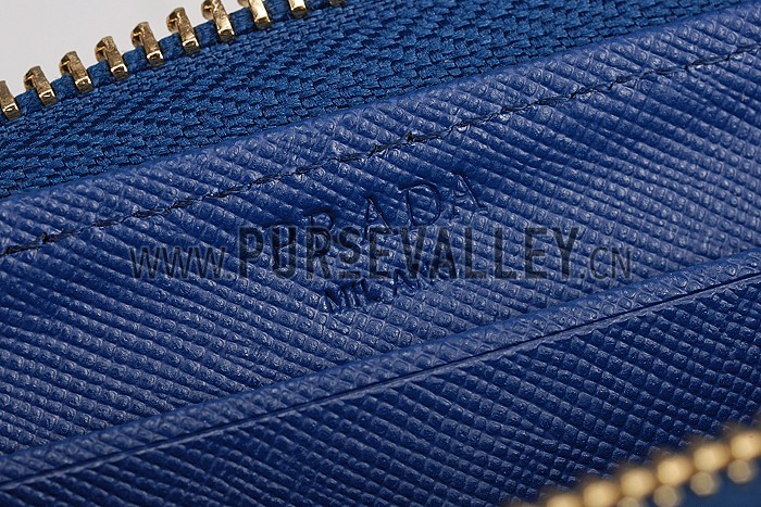 Prada Saffiano Leather Zip Around Dark Blue Wallet