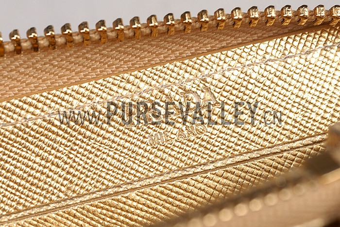 Prada Vernice Saffiano Leather Zip Around Gold Wallet