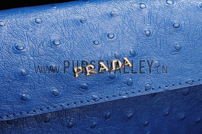 Prada Double Tote Ostrich Leather Bag Blue