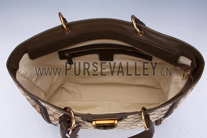 Gucci Large Logo Printed Canvas Brown Leather Trim Shopper Tote