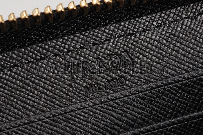 Prada Vernice Saffiano Leather Zip Around Black Wallet