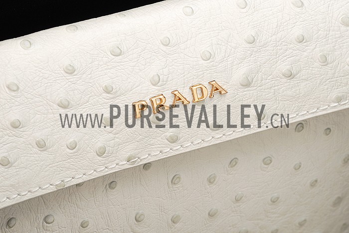 Prada Double Tote Ostrich Leather Bag White