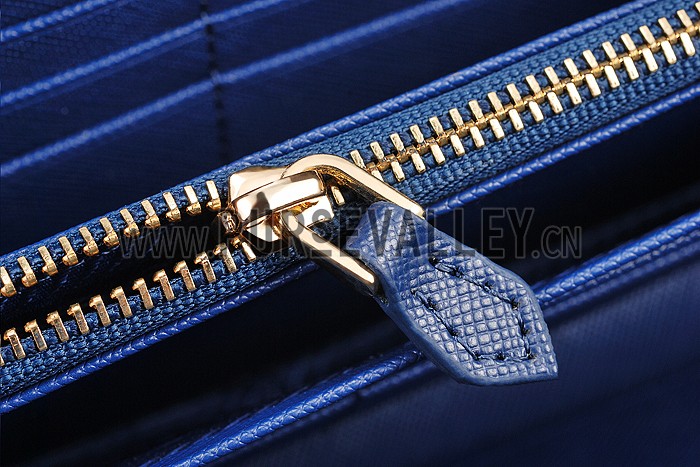 Prada Saffiano Leather Zip Around Dark Blue Wallet