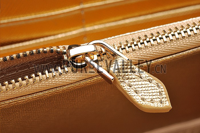 Prada Saffiano Leather Zip Around Small Gold Wallet