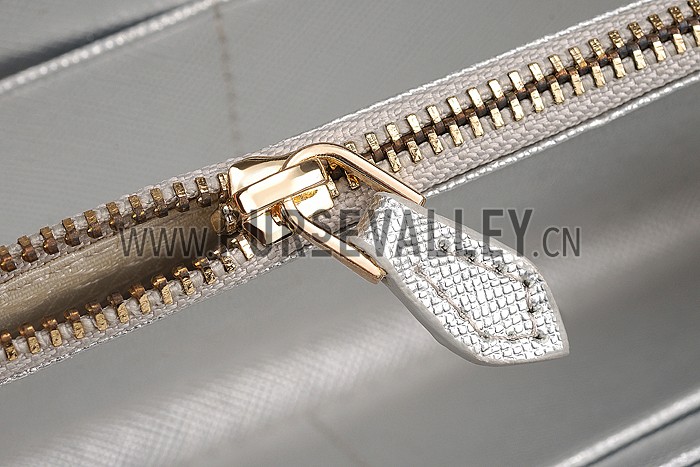 Prada Saffiano Leather Zip Around Silver Wallet