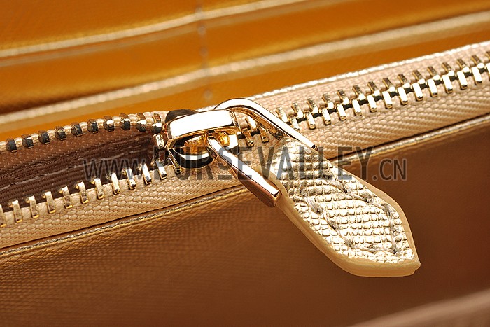 Prada Vernice Saffiano Leather Zip Around Gold Wallet