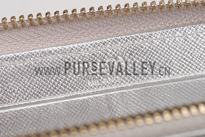 Prada Saffiano Leather Zip Around Small Silver Wallet