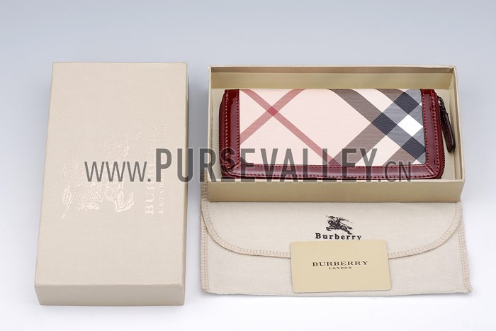 Burberry Nova Check Zip Around Large Wallet Burgundy Trim