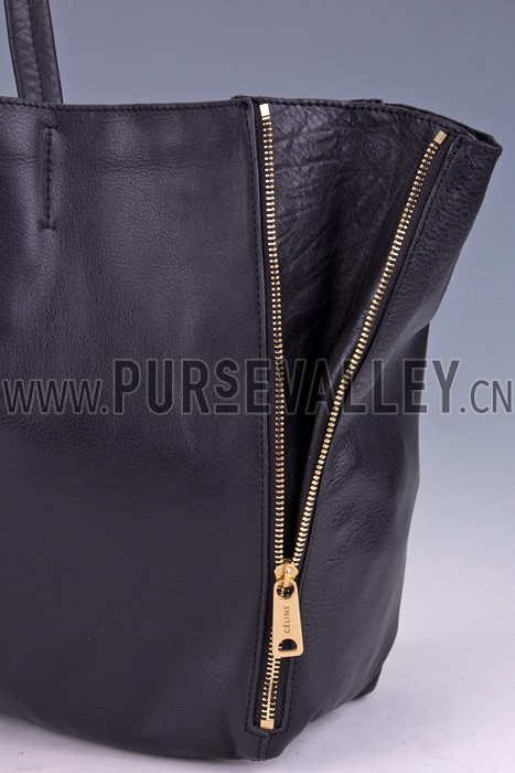 Celine Cabas Gusset Large Black Leather Shoulder Bag