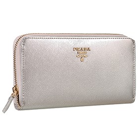 Prada Saffiano Leather Zip Around Silver Wallet