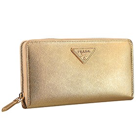 Prada Vernice Saffiano Leather Zip Around Gold Wallet
