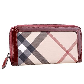 Burberry Nova Check Zip Around  Large Wallet Burgundy Trim