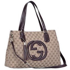 Gucci Soho Dark Brown Trim Logo Printed Canvas Working Tote