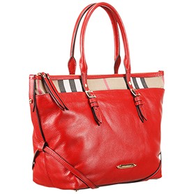 Burberry Small Leather and House Check Tote Bag Red 607824