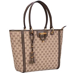 Gucci Large Logo Printed Canvas Brown Leather Trim Shopper Tote