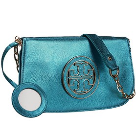 Tory Burch Logo Flap Clutch Metallic Tropical Green  607556