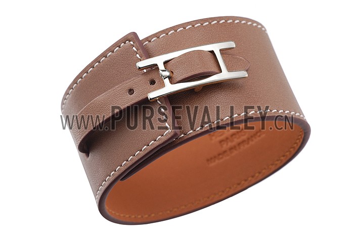Hermes Hapi Wide Taupe Leather Silver Hardware Bracelet 700598