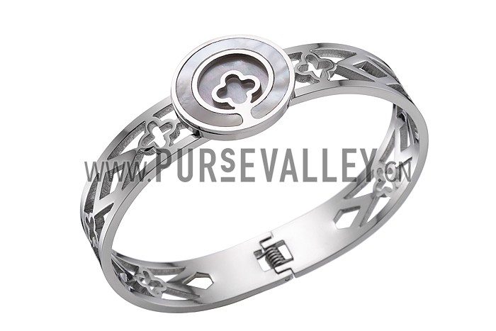 Van Cleef Alhambra Mother Of Pearl Clover Motif Silver Bangle Bracelet