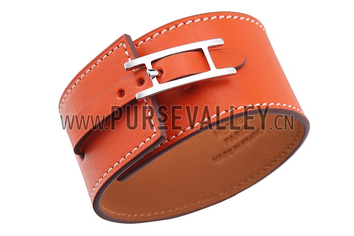 Hermes Hapi Wide Orange Leather Silver Hardware Bracelet 700596