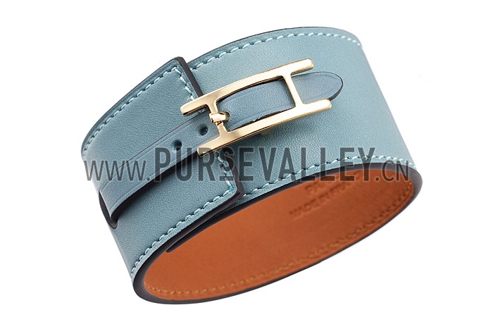 Hermes Hapi Wide Blue Leather Gold Hardware Bracelet 700602