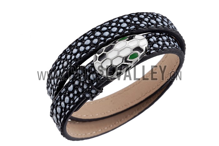 Bvlgari Serpenti Black & White Leather Silver Hardware Bracelet 700520