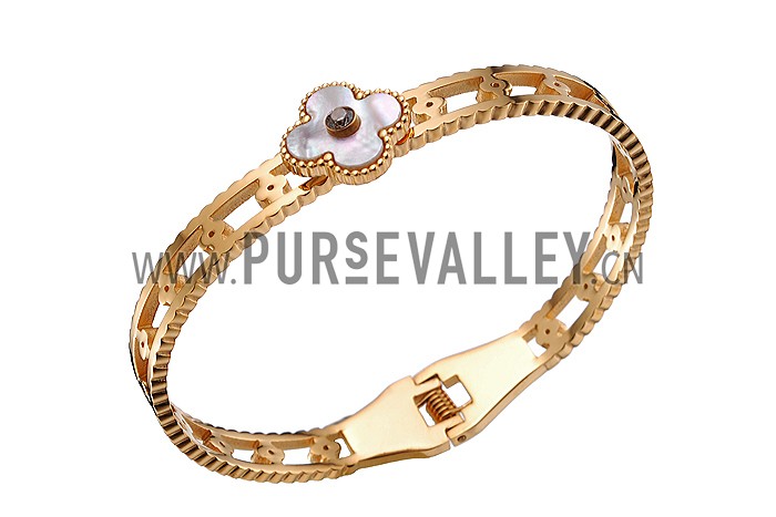 Van Cleef Alhambra Mother Of Pearl Clover And Diamond Rose Gold Bangle Bracelet